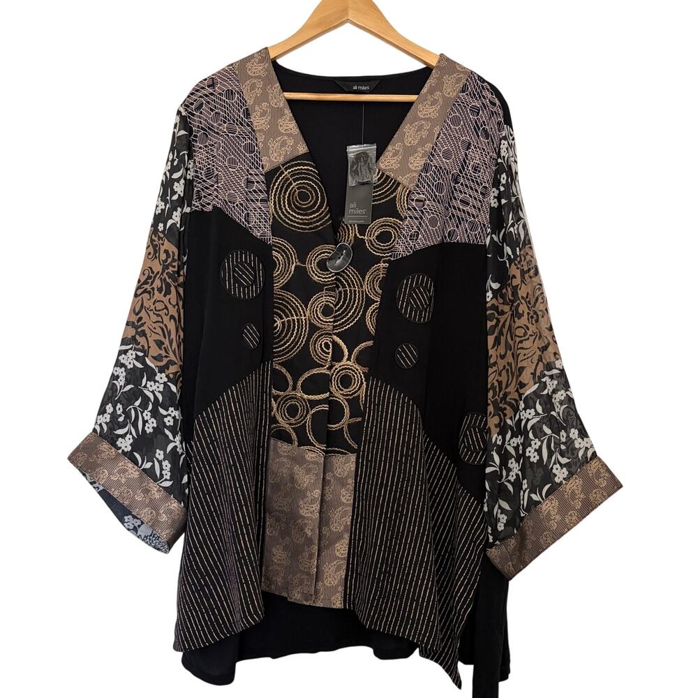 *NWT Ali Miles Kimono Cardigan Size 1X Black Brown Lagenlook Artsy Art to wear